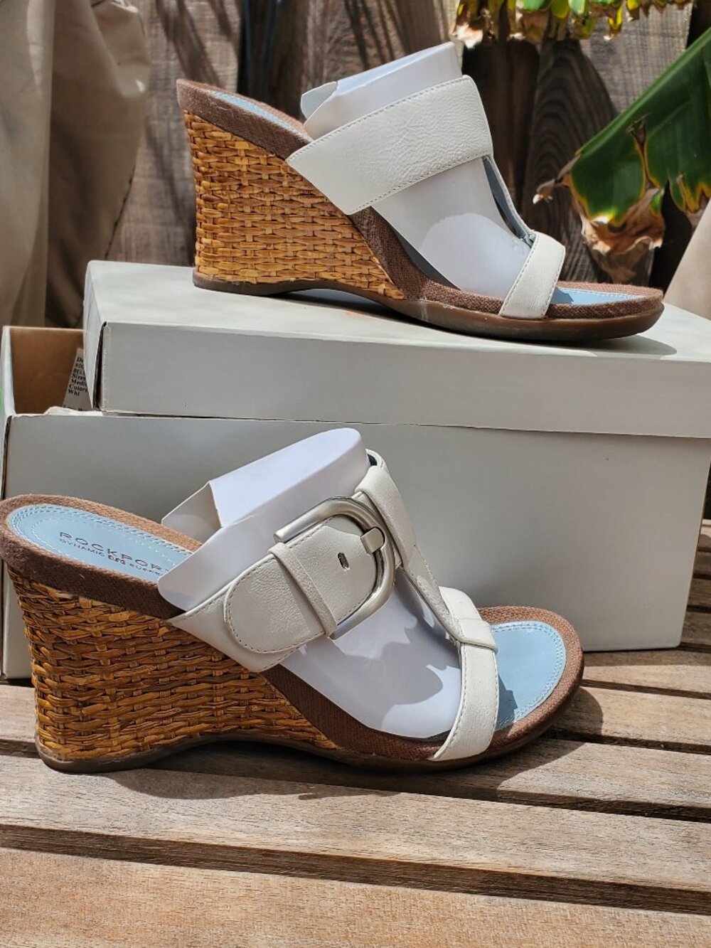 Rockport White leather wedge sandals size 6